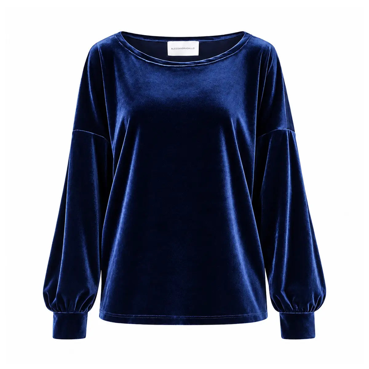 LAVINIA, felpa in ciniglia blu con scollo a barchetta, maniche ampie raccolte ai polsi.