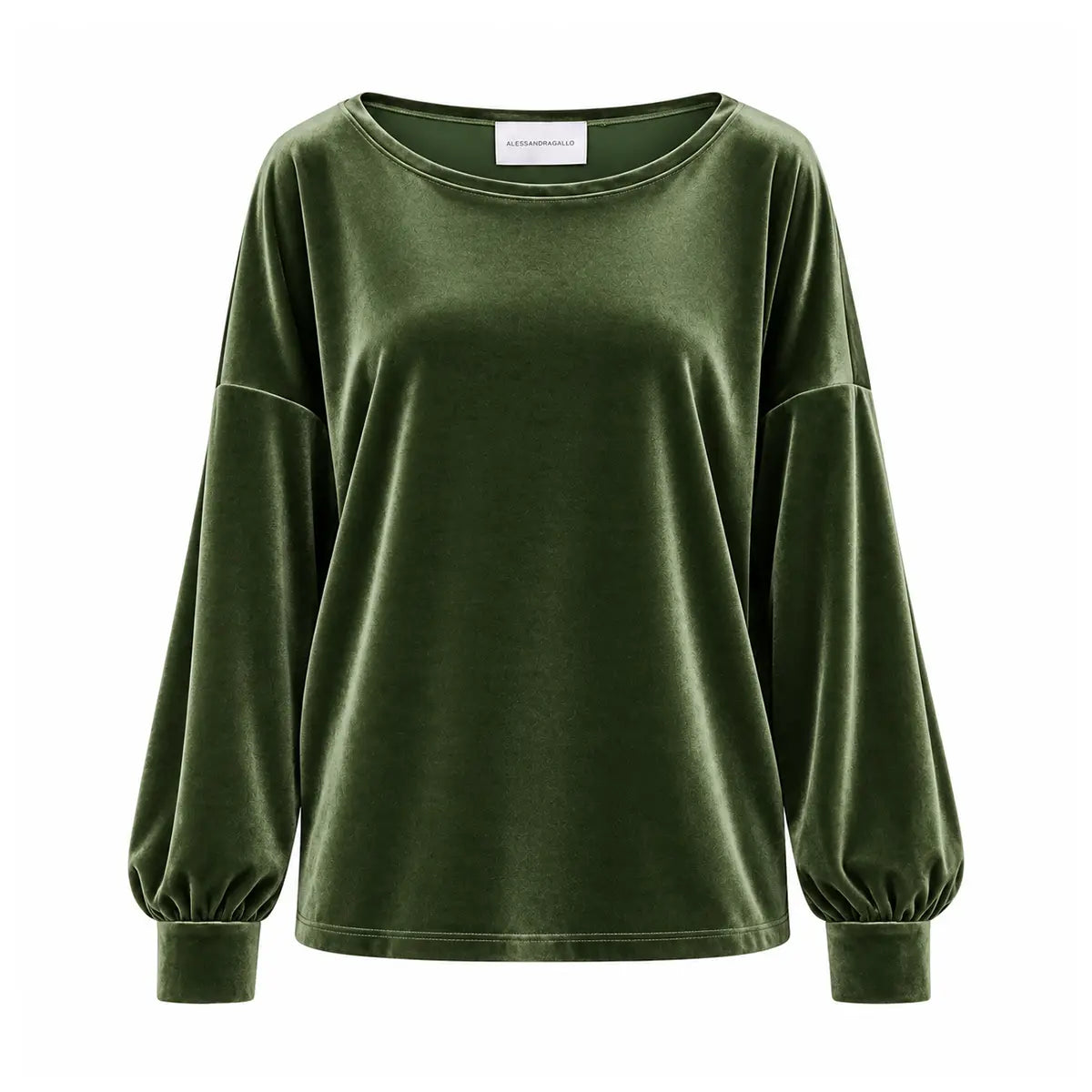 LAVINIA, felpa in ciniglia verde militare con scollo a barchetta, maniche ampie raccolte ai polsi.