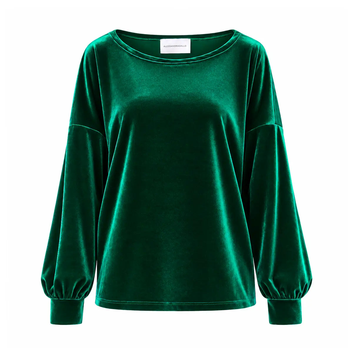 LAVINIA, felpa in ciniglia verde smeraldo con scollo a barchetta, maniche ampie raccolte ai polsi.