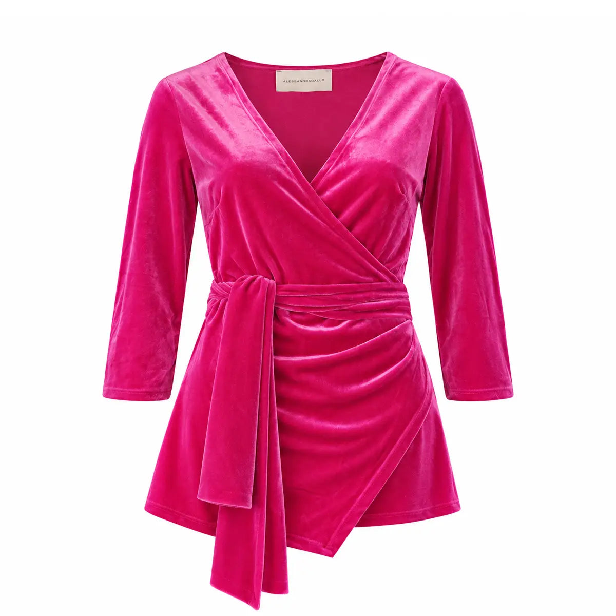 LEONORE, blusa a portafoglio in ciniglia fucsia con scollo a V e maniche a tre quarti.