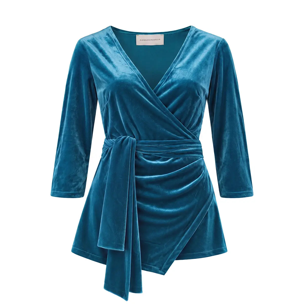 LEONORE, blusa a portafoglio in ciniglia ottanio con scollo a V e maniche a tre quarti.