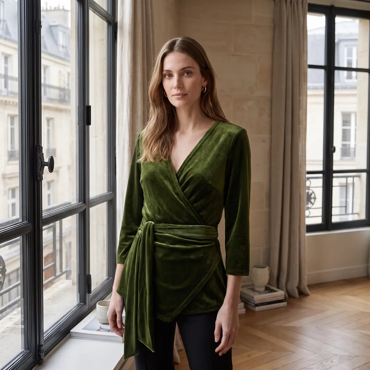 LEONORE, blusa a portafoglio in ciniglia verde con scollo a V e maniche a tre quarti, su modella.