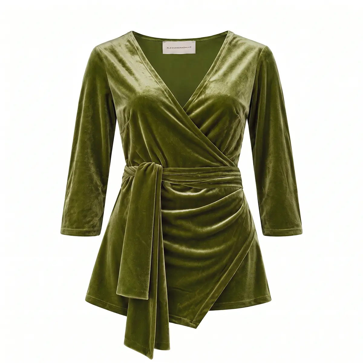 LEONORE, blusa a portafoglio in ciniglia verde con scollo a V e maniche a tre quarti.