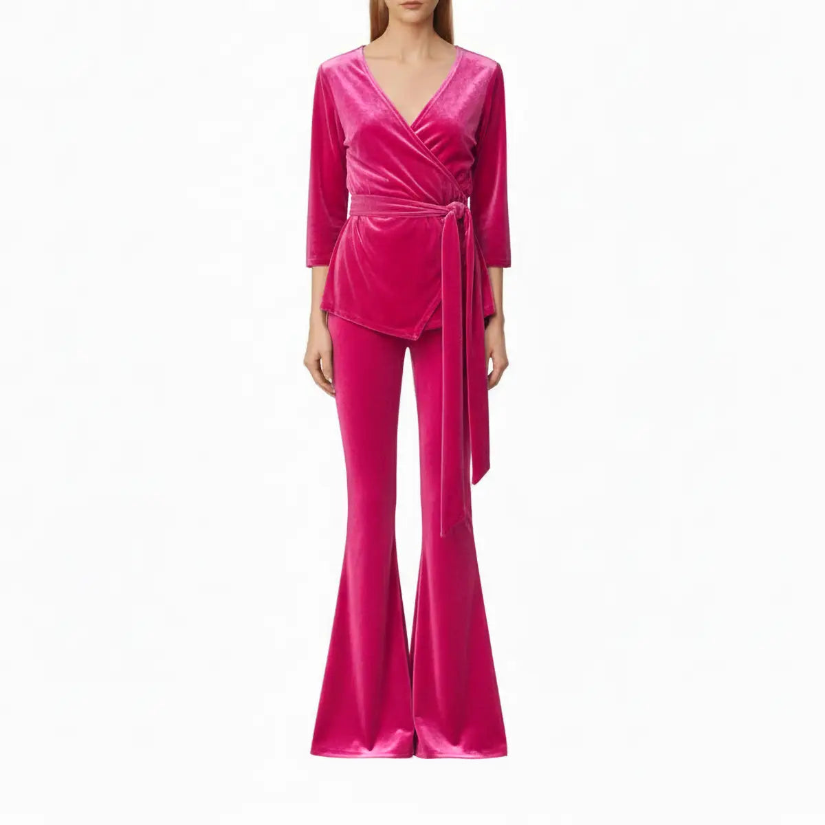 Blusa LEONORE a  portafoglio di Alessandra Gallo inciniglia fucsia con maniche a 3/4 e scollo V - indossato frontale -Day&Night Collection