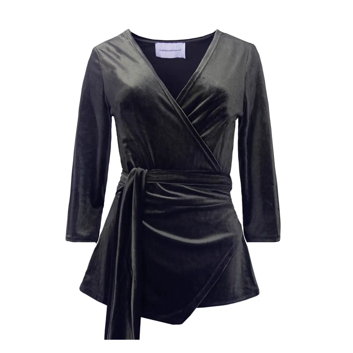 Blusa LEONORE a  portafoglio di Alessandra Gallo in ciniglia grigia con maniche a 3/4 e scollo V - vista frontale -Day&Night Collection