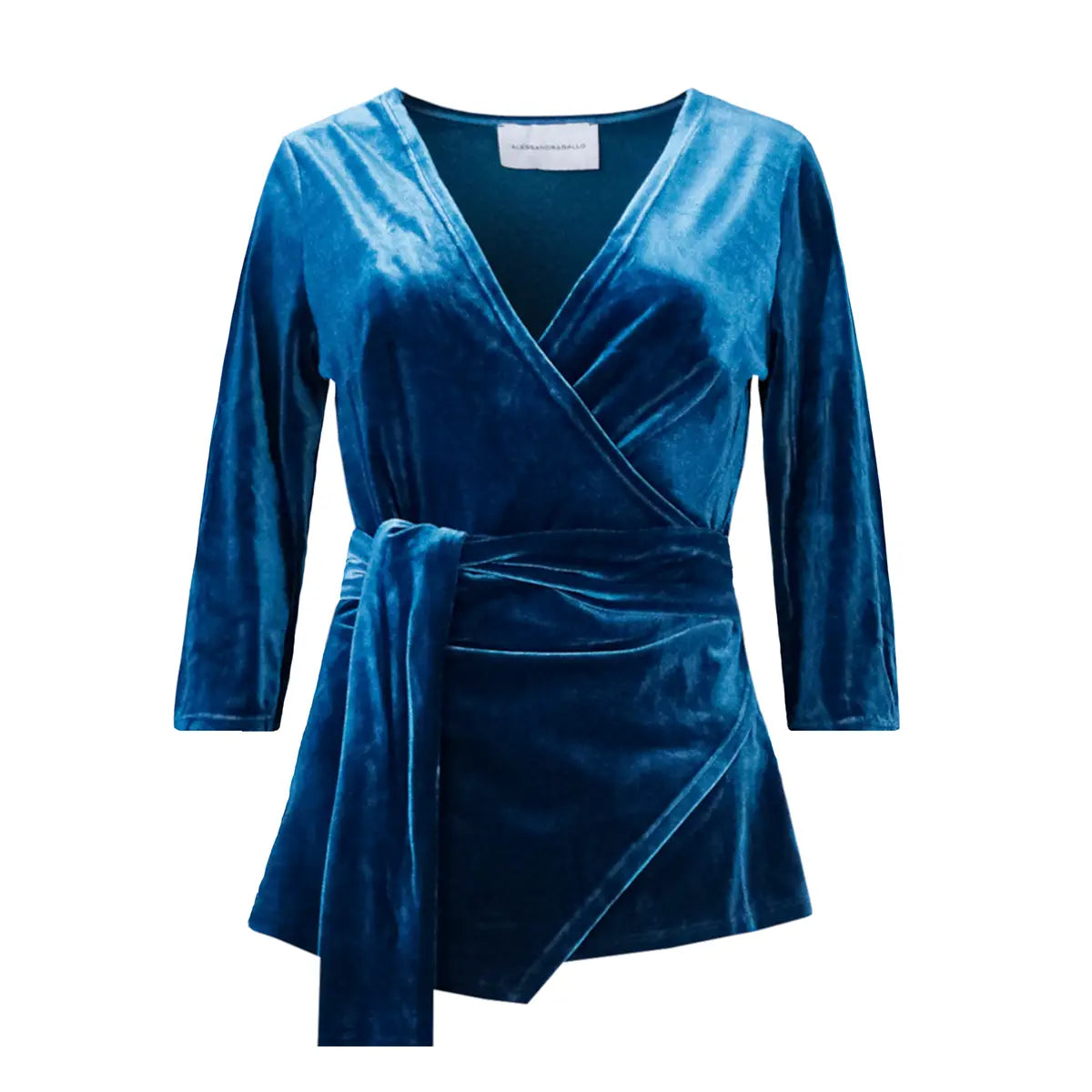 Blusa LEONORE a  portafoglio di Alessandra Gallo in ciniglia ottanio con maniche a 3/4 e scollo V - vista frontale -Day&Night Collection