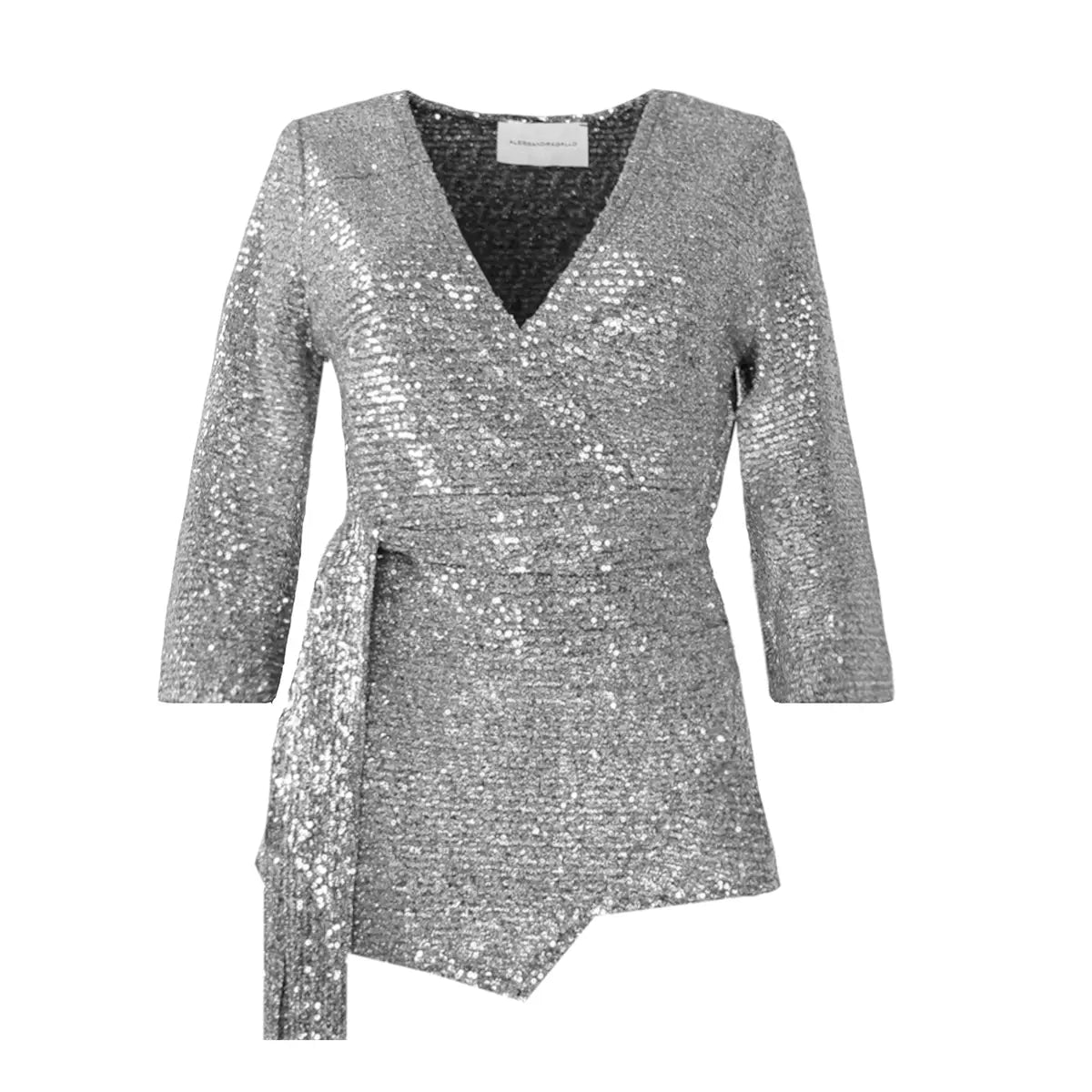 Blusa LEONORE a  portafoglio di Alessandra Gallo in paillettes argento con maniche a 3/4 e scollo V - vista frontale - The Light Collection