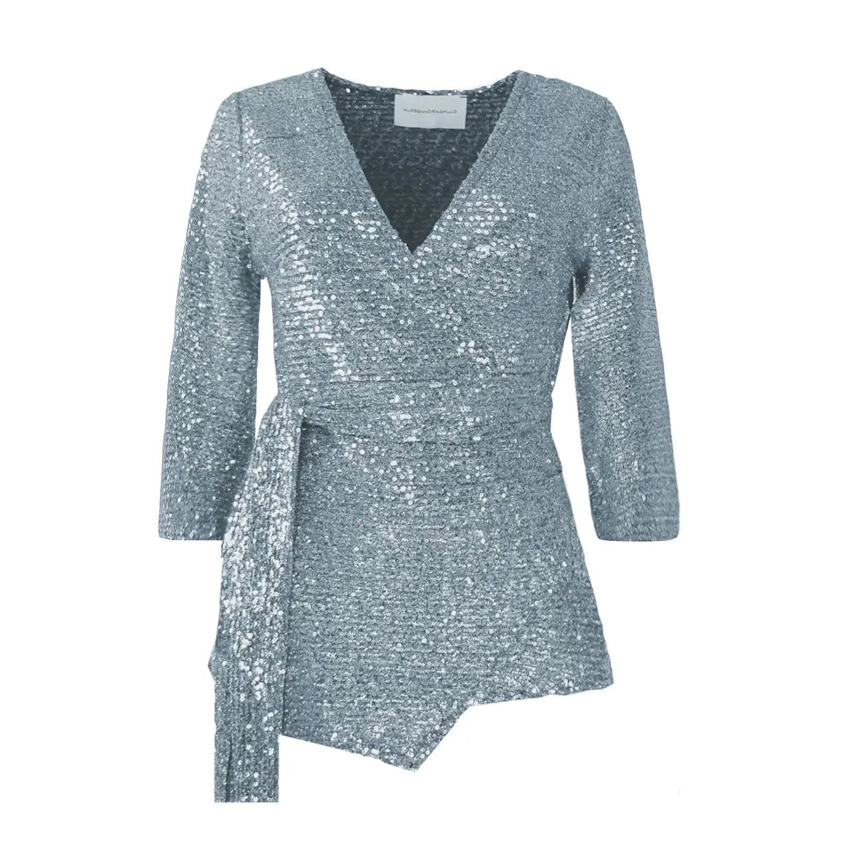 Blusa LEONORE a  portafoglio di Alessandra Gallo in paillettes azzurro con maniche a 3/4 e scollo V - vista frontale - The Light Collection