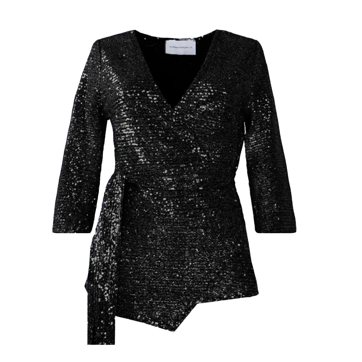 Blusa LEONORE a  portafoglio di Alessandra Gallo in paillettes nero con maniche a 3/4 e scollo V - vista frontale - The Light Collection
