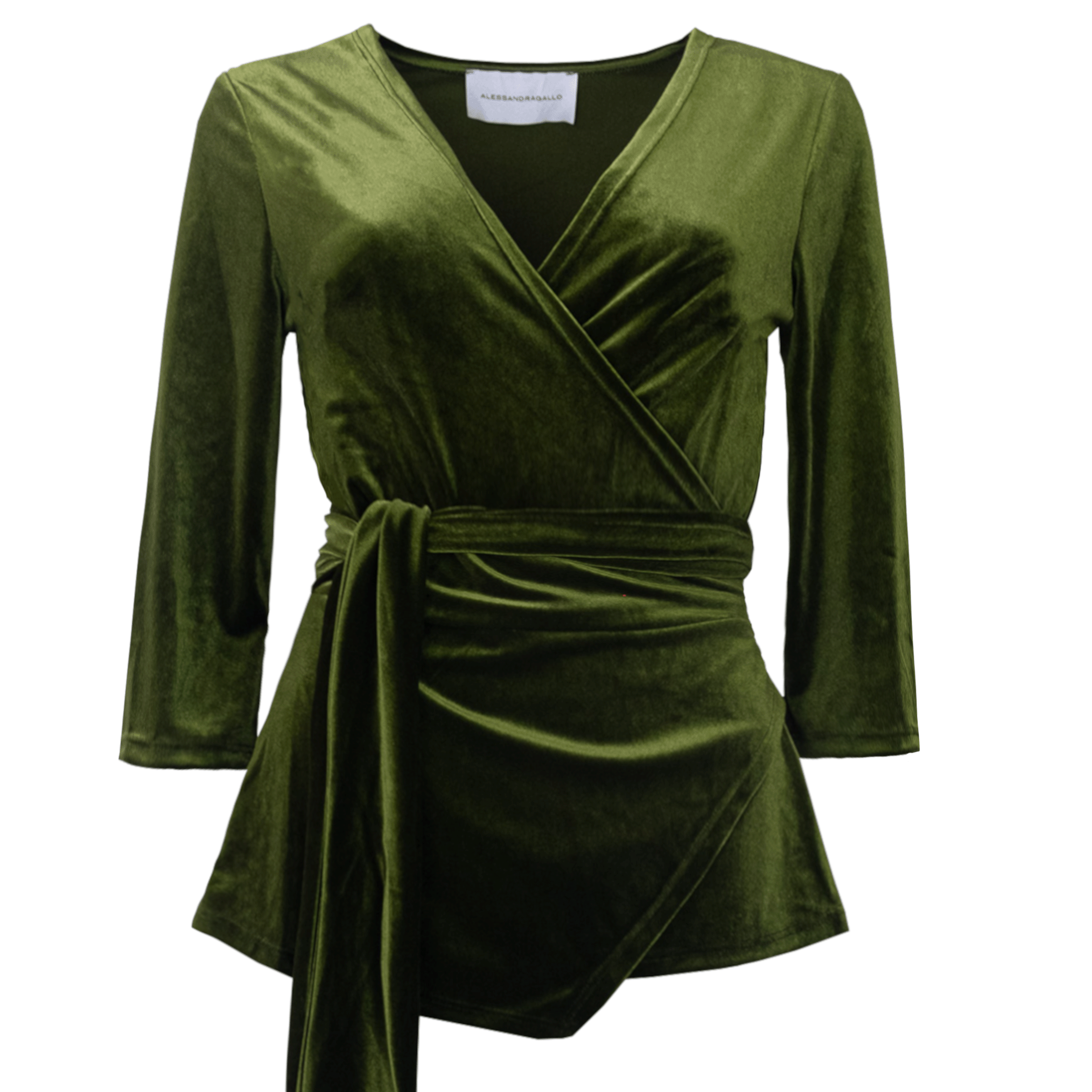Blusa LEONORE portafoglio ciniglia verde con scollo V - vista frontale Day&Night Collection