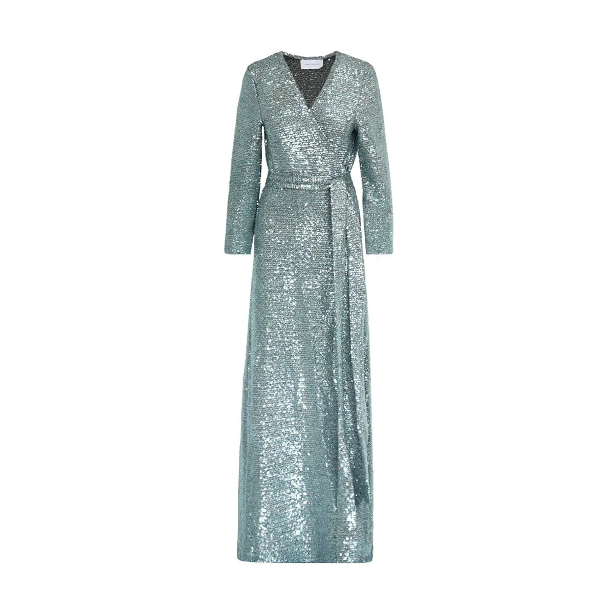 Abito lungo LETIZIA di Alessandra Gallo in paillettes azzurro a  portafoglio con maniche lunghe e scollo a V - vista frontale - The Light Collection