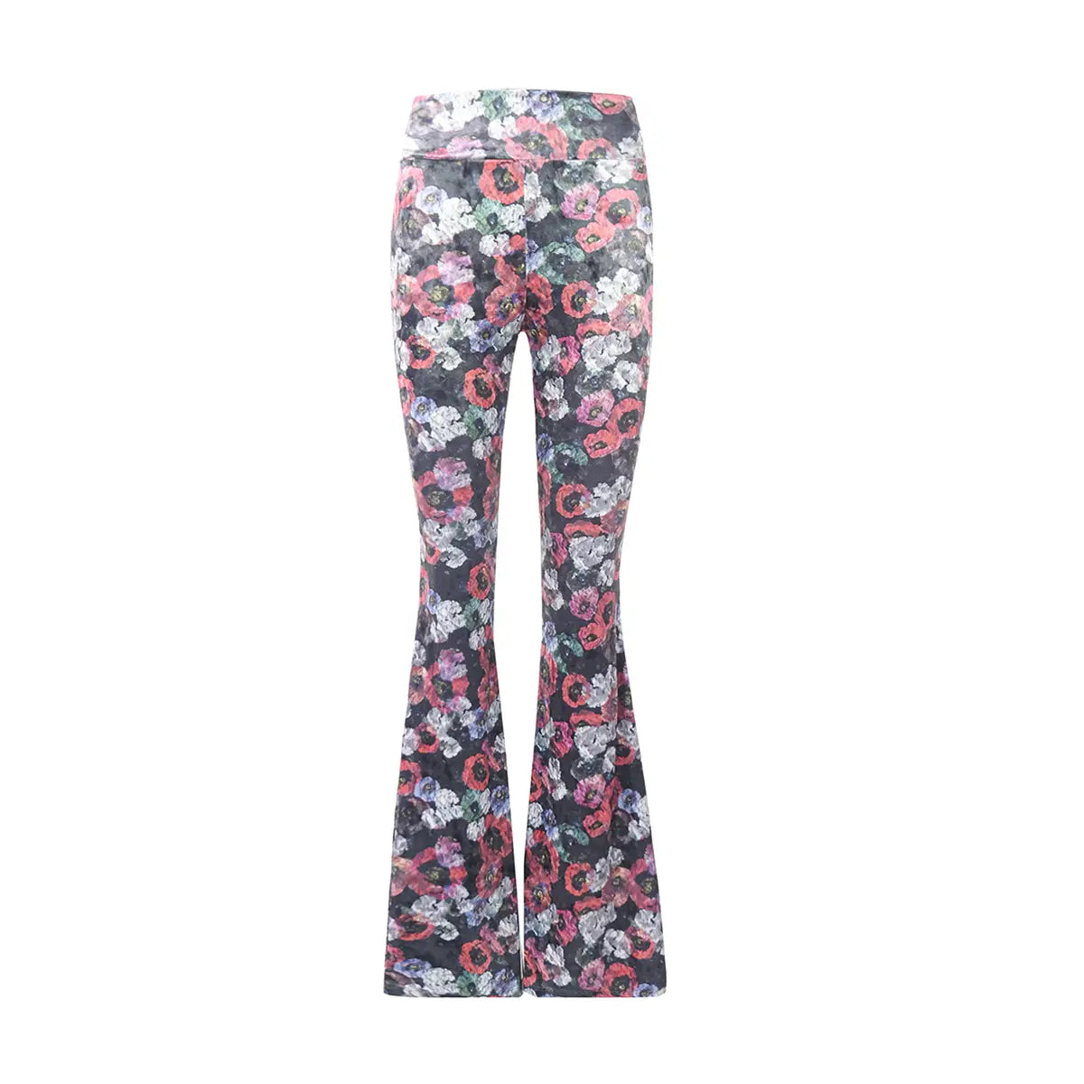 Pantalone a zampa LOLA di Alessandra Gallo in ciniglia martellata stampa floreale con fascia a vita alta elasticizzata - vista frontale - Day&Night Collection