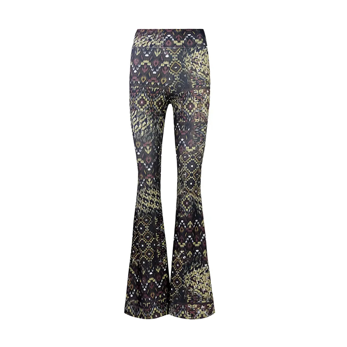 LOLA pantaloni a zampa con vita alta elasticizzata in lycra fantasia Earth di Alessandra Gallo  -  Made in Italy - the Stretch Collection - vista frontale