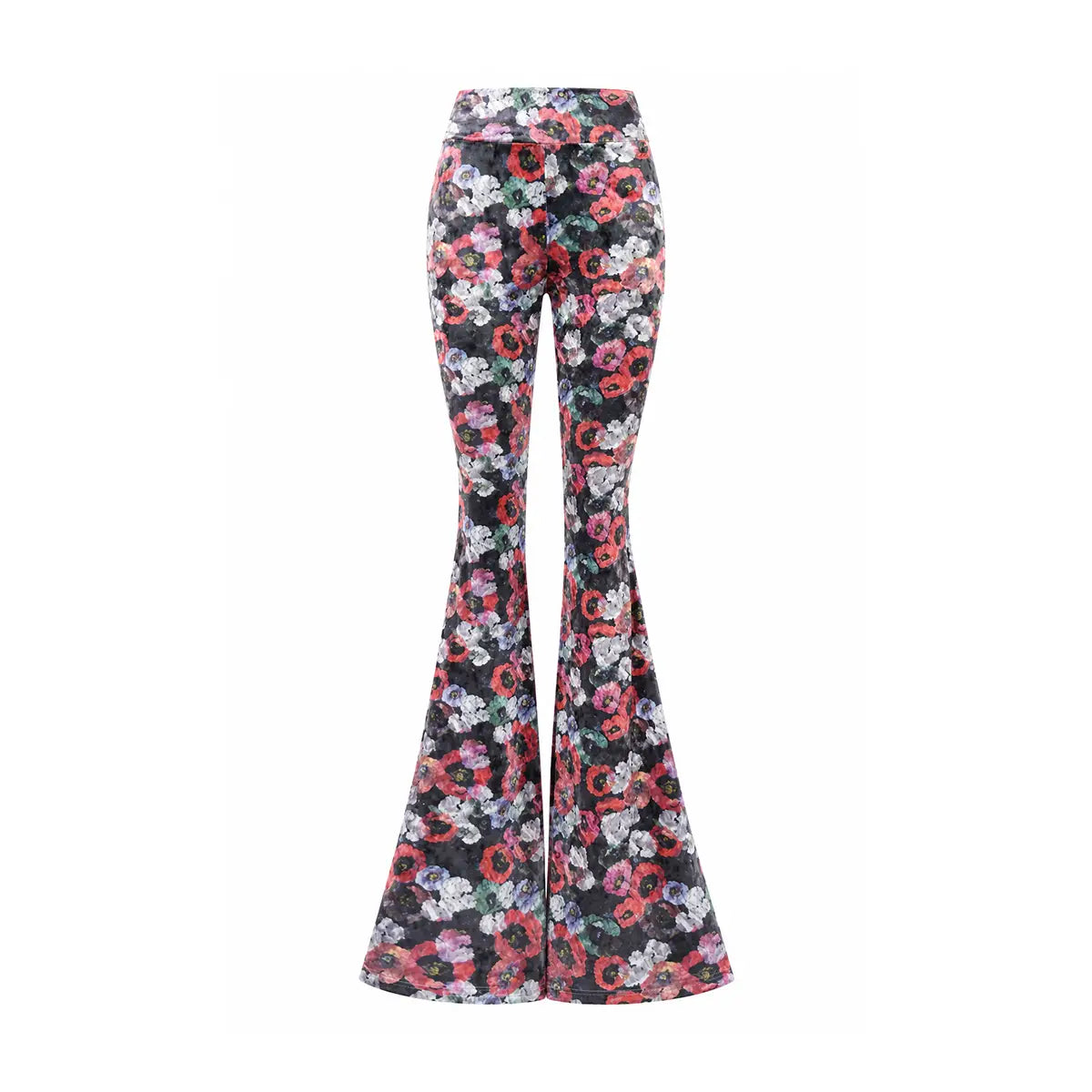 LOLA, pantalone a zampa in ciniglia martellata floreale.