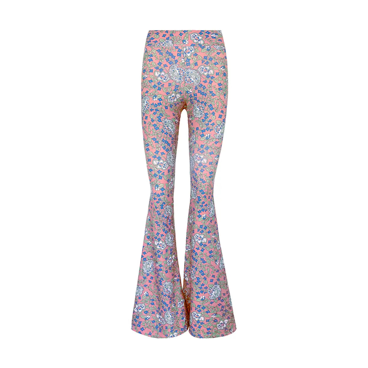 LOLA pantalone a zampa in lycra fantasia Pink Obsession con vita alta elasticizzata di Alessandra Gallo - Made in Italy - the Obsession Collection - vista frontale