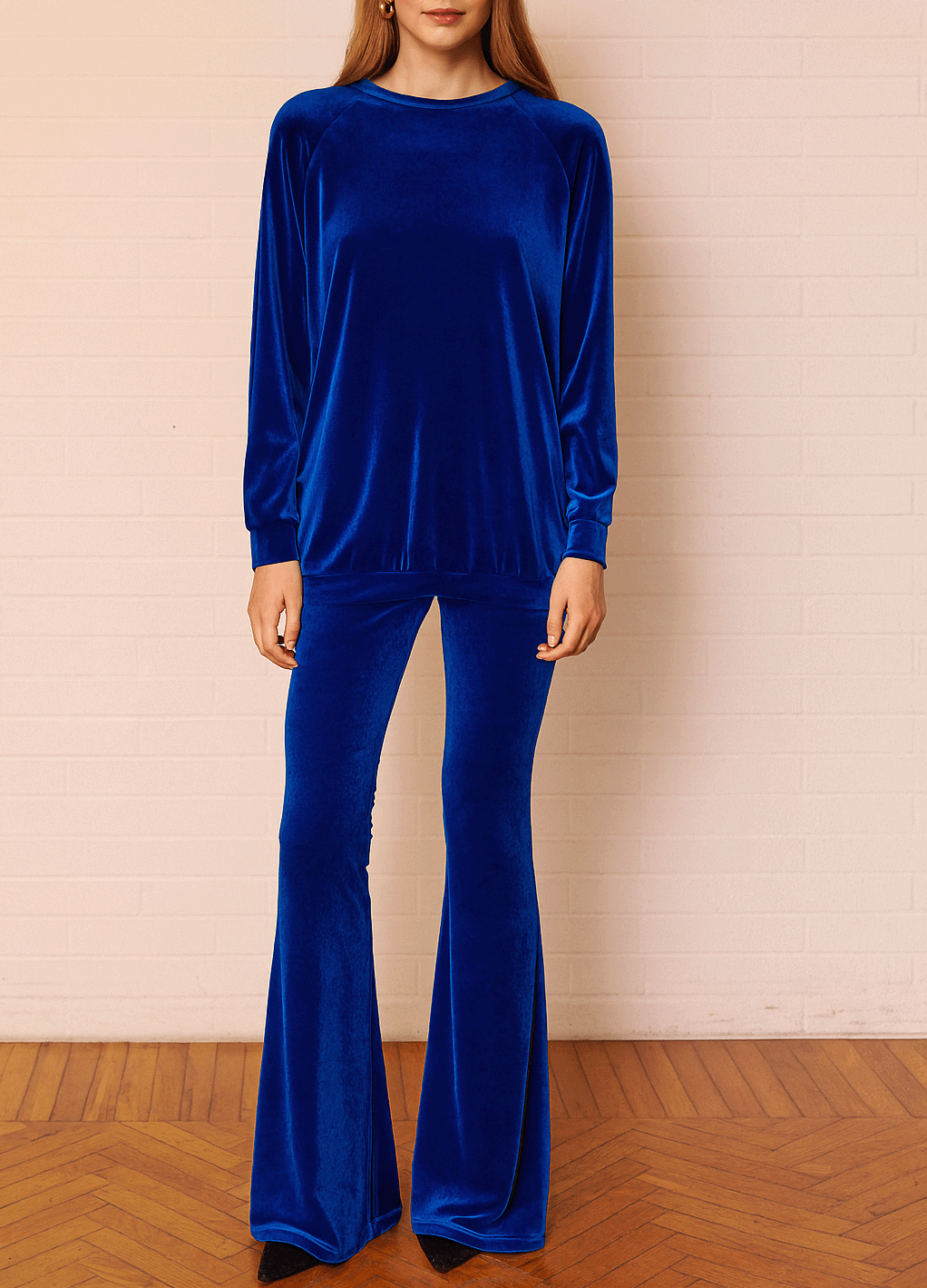 Pantalone LOLA ciniglia bluette zampa - indossato frontale Day&Night Collection
