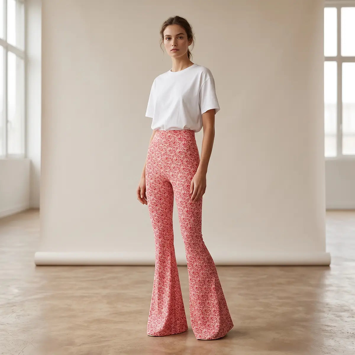 LOLA pantalone a zampa in lycra fantasia Mirabell con vita alta elasticizzata di Alessandra Gallo - Made in Italy - the Stretch Collection - indossato frontale