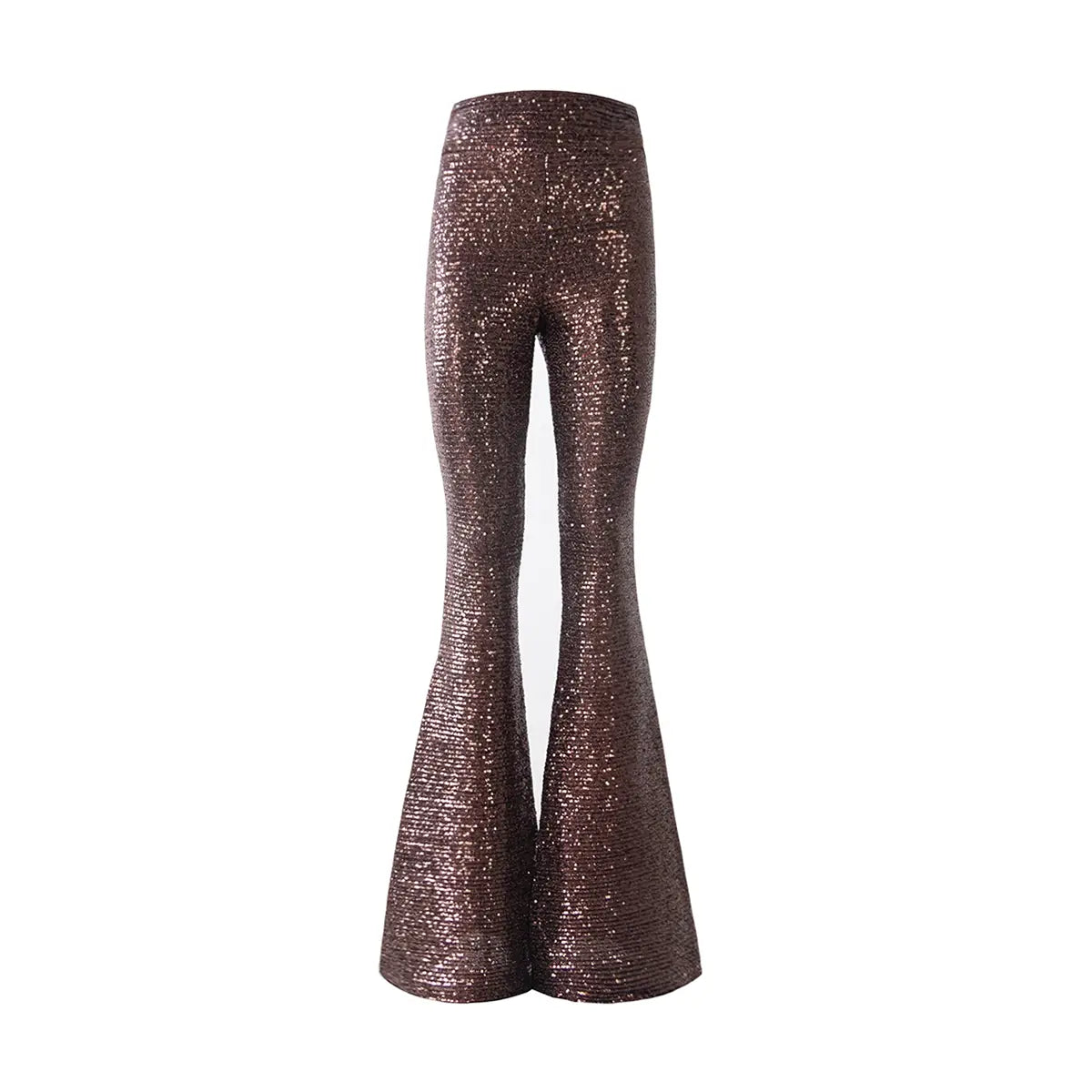 Pantaloni a zampa LOLA di Alessandra Gallo in paillettes marrone con vita alta elasticizzata - vista frontale zampa - The Light Collection