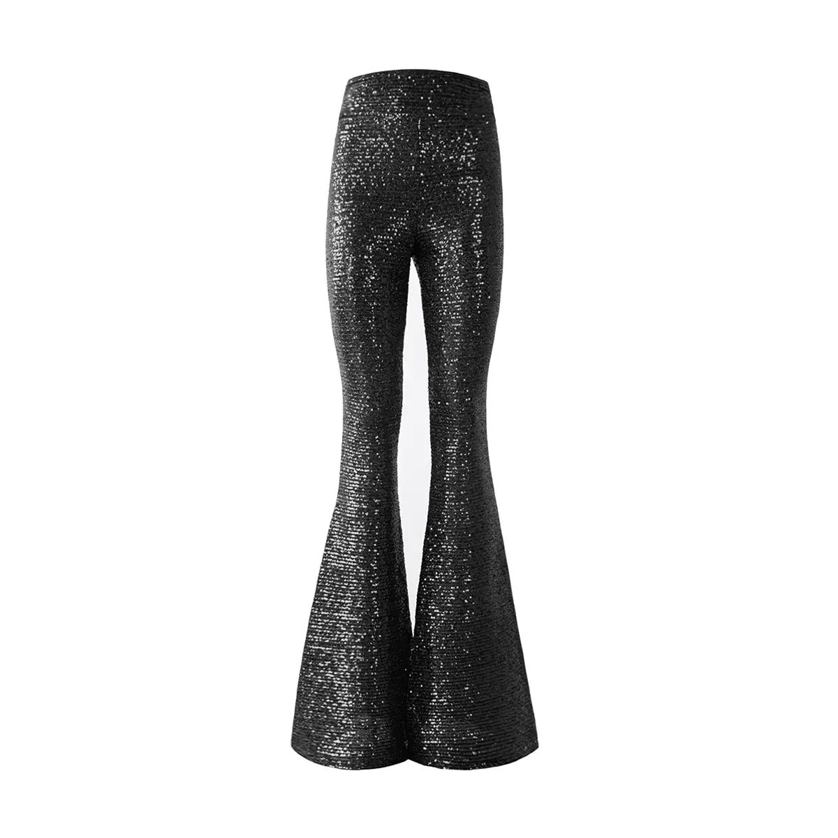 Pantaloni a zampa LOLA di Alessandra Gallo in paillettes nero con vita alta elasticizzata - vista frontale zampa - The Light Collection