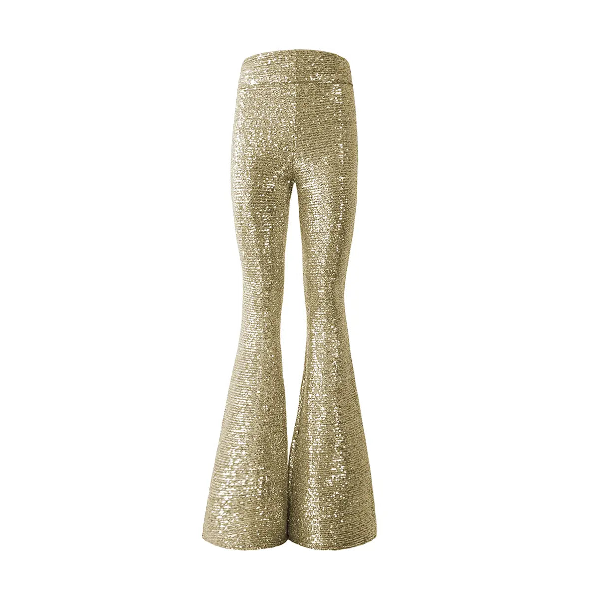 Pantaloni a zampa LOLA di Alessandra Gallo in paillettes oro con vita alta elasticizzata - vista frontale zampa - The Light Collection