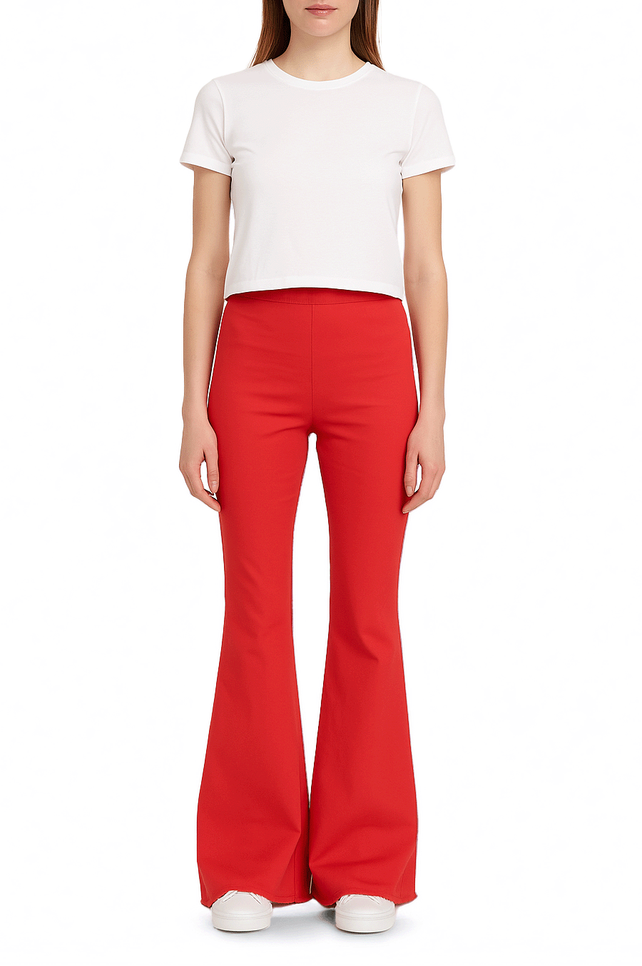 Pantalone a zampa LOLISSIMA di Alessandra Gallo in cotone rosso con vita alta ed elastico in vita - indossato frontale - Made in Italy - Printemps Collection