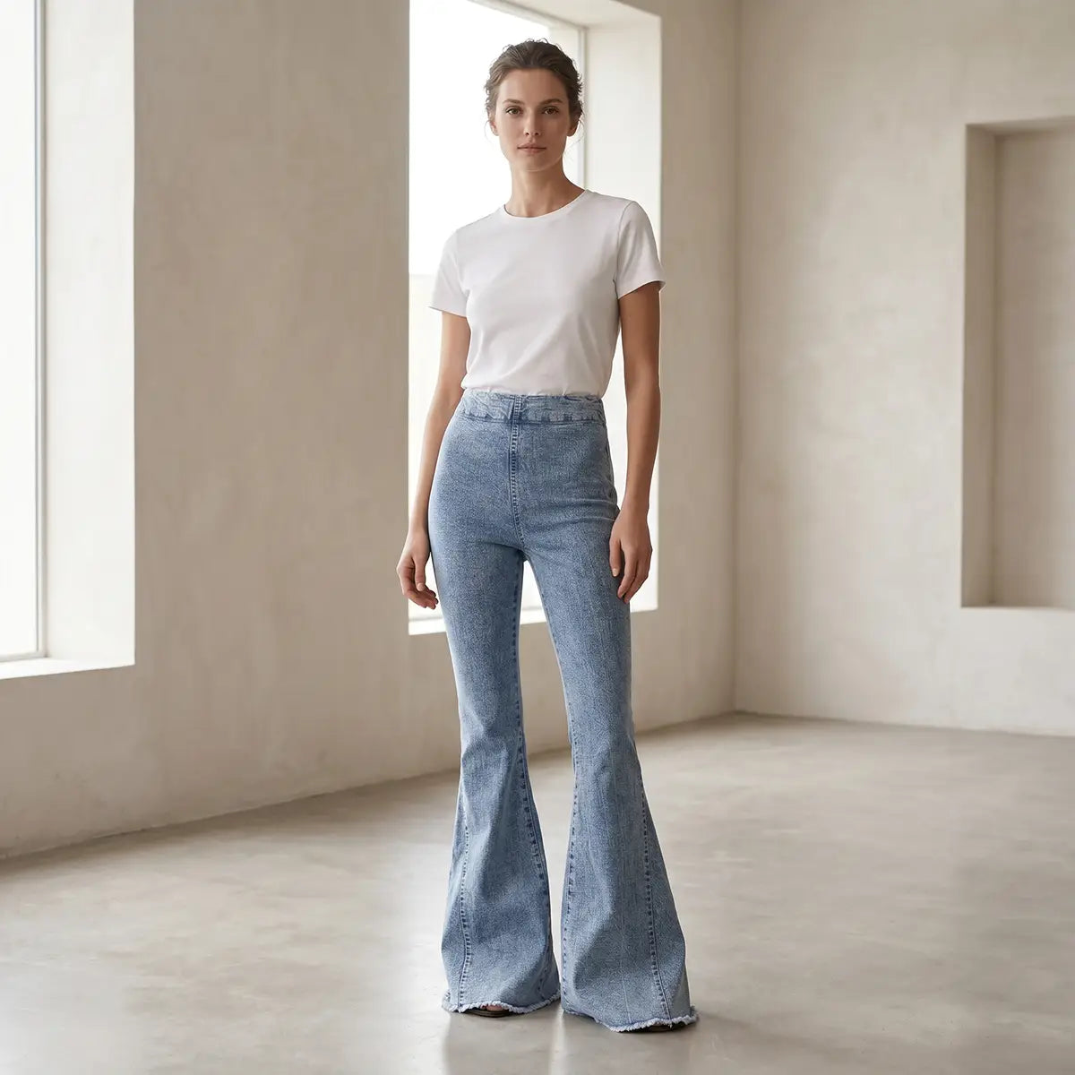 Pantalone a zampa LOLISSIMA di Alessandra Gallo in jeans chiaro con vita alta ed elastico in vita - indossato frontale - Made in Italy - Printemps Collection