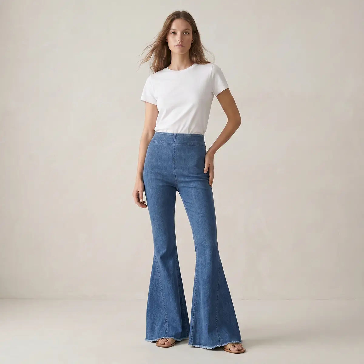 Pantalone a zampa LOLISSIMA di Alessandra Gallo in jeans con vita alta ed elastico in vita - indossato frontale - Made in Italy - Printemps Collection