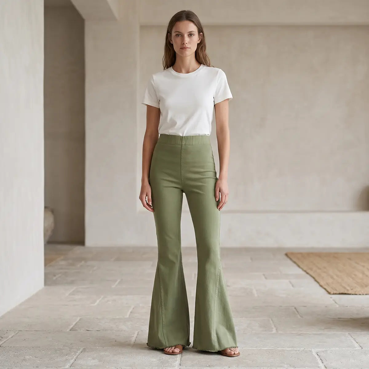 Pantalone a zampa LOLISSIMA di Alessandra Gallo in cotone verde con vita alta ed elastico in vita - indossato frontale - Made in Italy - Printemps Collection