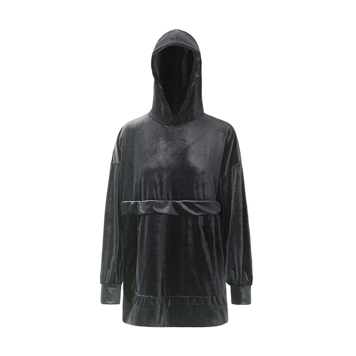 felpa over LUCY di Alessandra Gallo in ciniglia grigia con cappuccio, maniche lunghe e tasche centrale a marsupio - vista frontale - Day and Night Collection