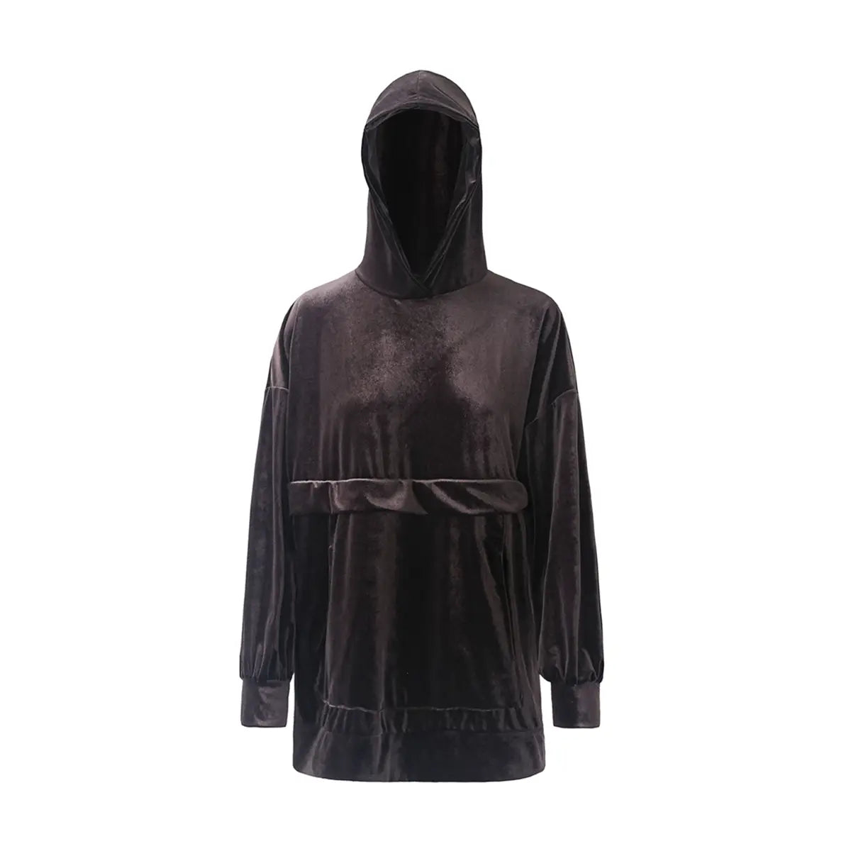 felpa over LUCY di Alessandra Gallo in ciniglia marrone con cappuccio, maniche lunghe e tasche centrale a marsupio - vista frontale - Day and Night Collection