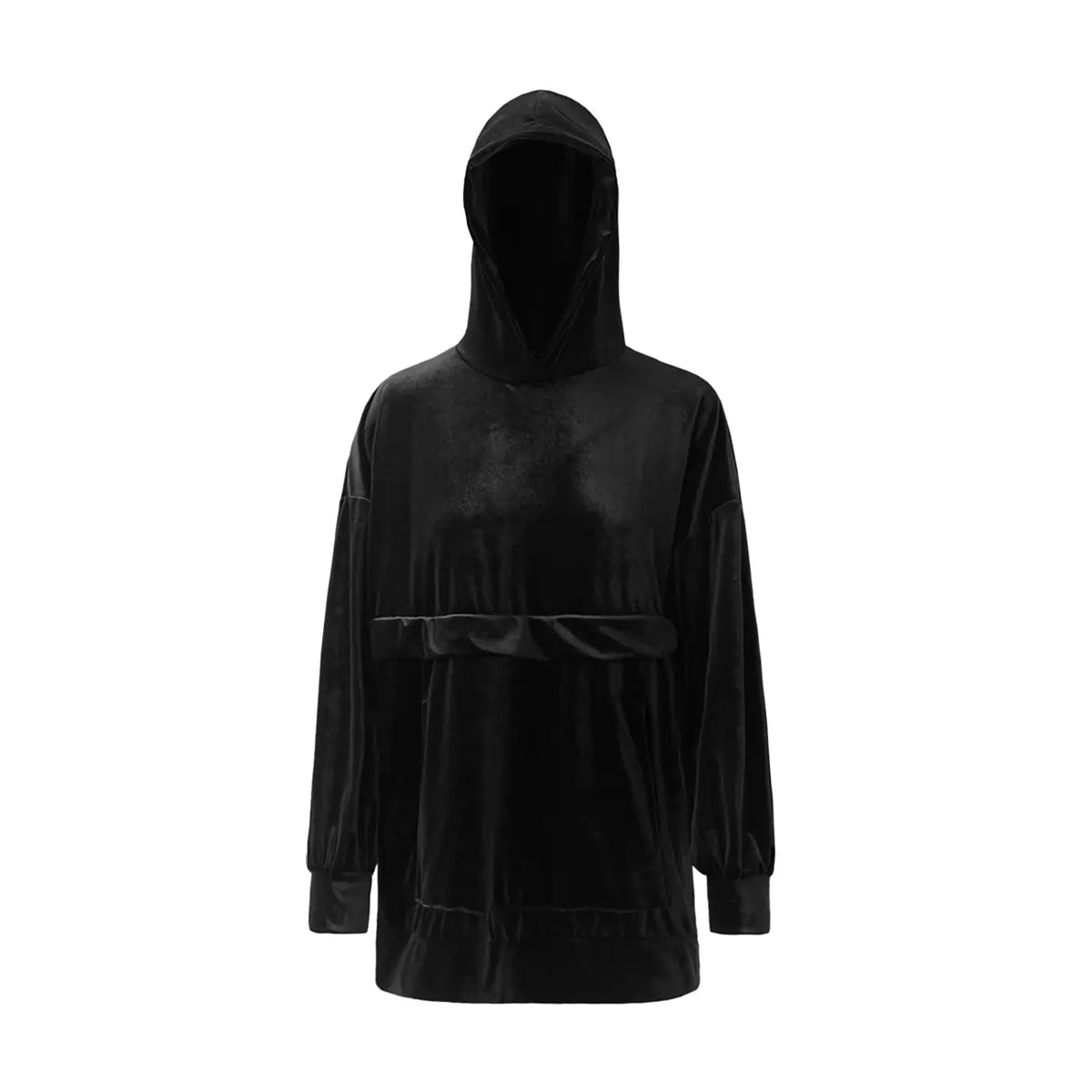 felpa over LUCY di Alessandra Gallo in ciniglia nera con cappuccio, maniche lunghe e tasche centrale a marsupio - vista frontale - Day and Night Collection