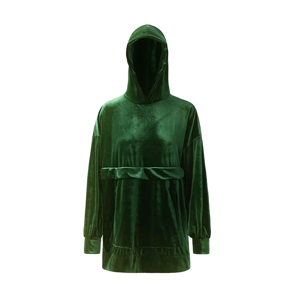 felpa over LUCY di Alessandra Gallo in ciniglia verde smeraldo con cappuccio, maniche lunghe e tasche centrale a marsupio - vista frontale - Day and Night Collection