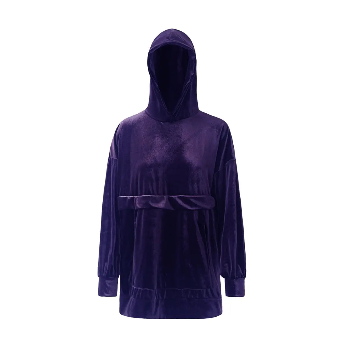 felpa over LUCY di Alessandra Gallo in ciniglia viola con cappuccio, maniche lunghe e tasche centrale a marsupio - vista frontale - Day and Night Collection