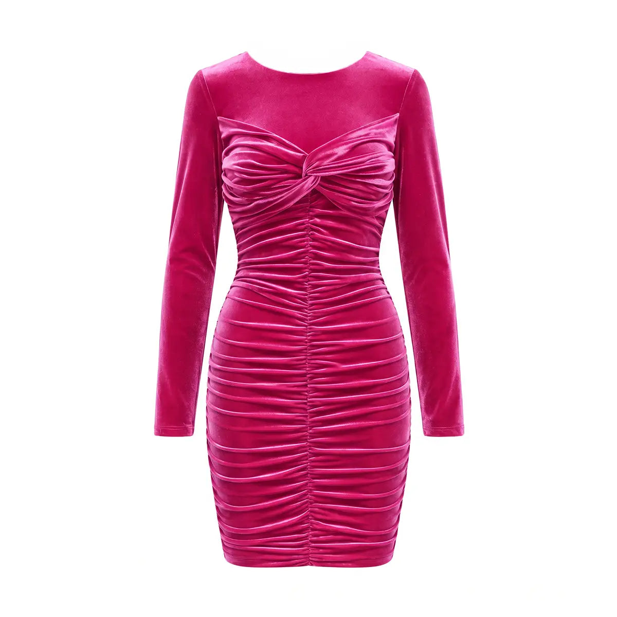 MAGDA, abito corto in ciniglia fucsia con arricciatura centrale e maniche lunghe.