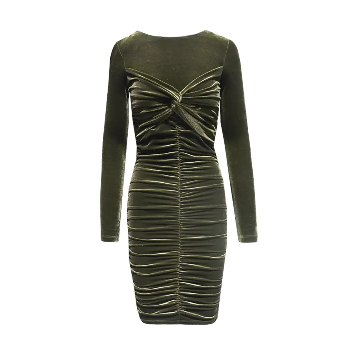 abito corto MAGDA di Alessandra Gallo in ciniglia verde militare, goffrato con maniche lunghe - vista frontale - Day&Night Collection