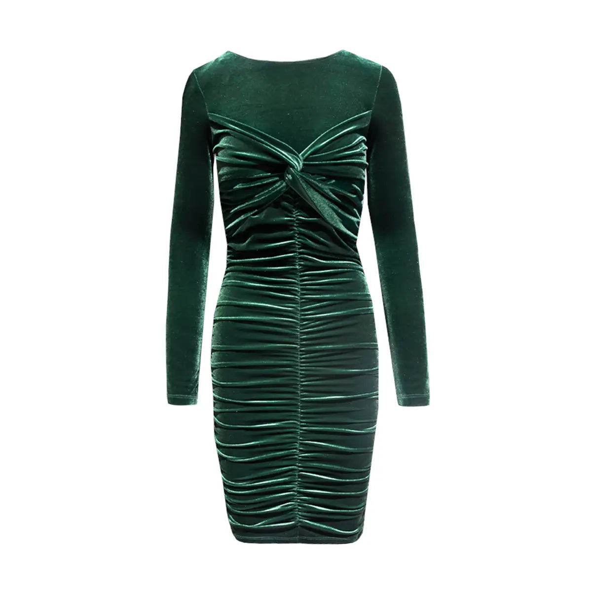 Abito corto MAGDA di Alessandra Gallo in ciniglia verde smeraldo goffrato con maniche lunghe - vista frontale - Day&Night Collection