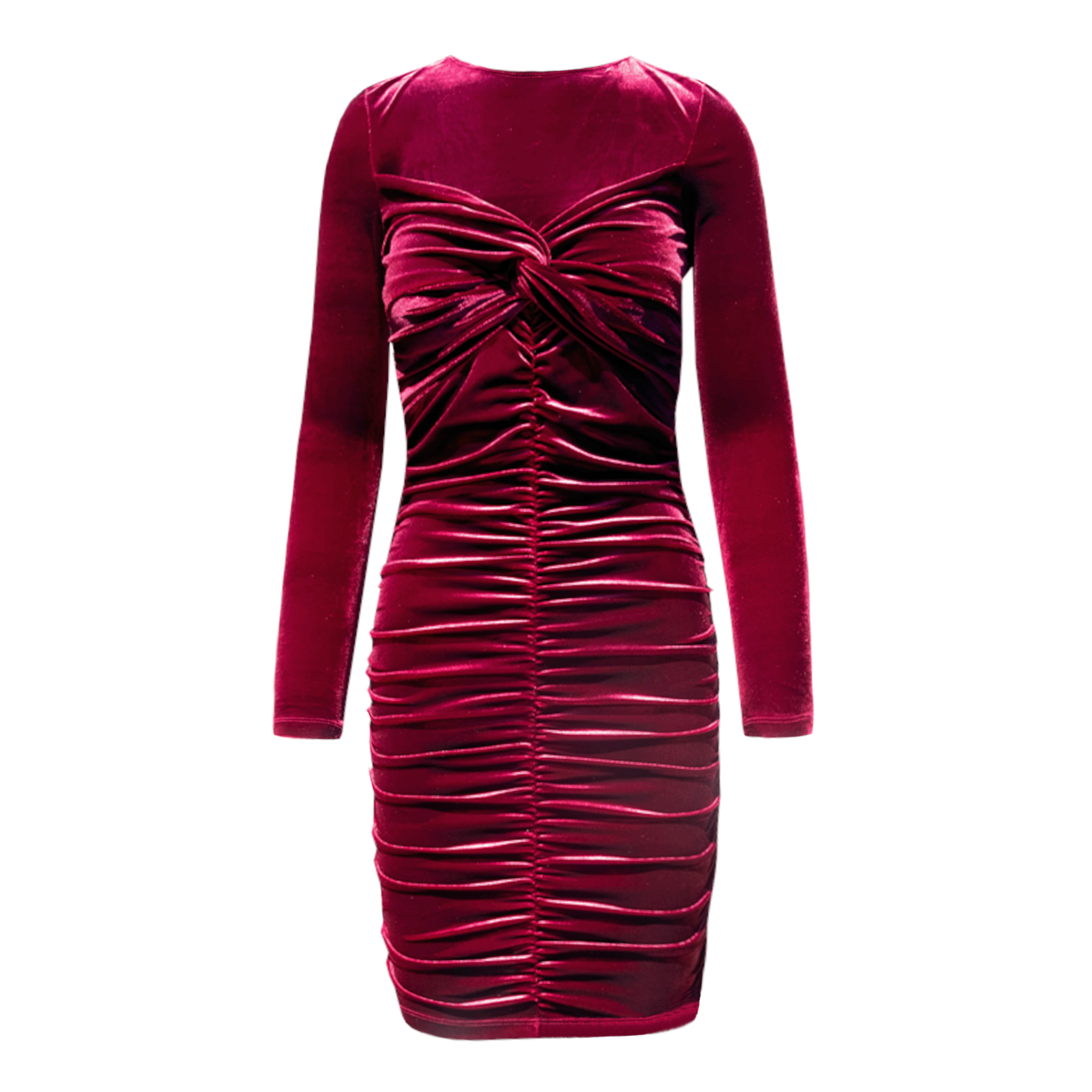 Abito MAGDA di Alessandra Gallo in ciniglia bordeaux goffrato con maniche lunghe - vista frontale - Day&Night Collection