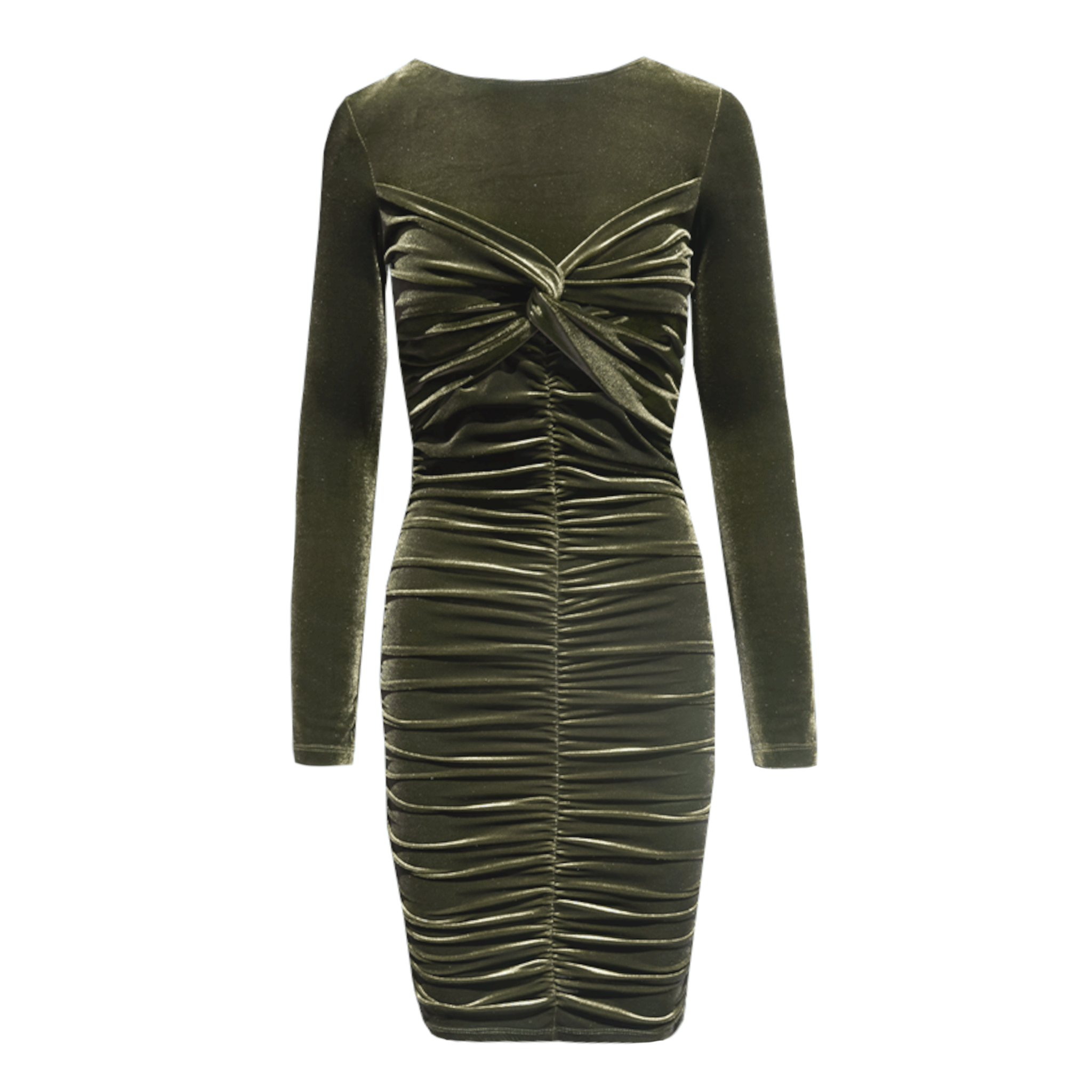 abito corto MAGDA di Alessandra Gallo in ciniglia verde militare, goffrato con maniche lunghe - vista frontale - Day&Night Collection