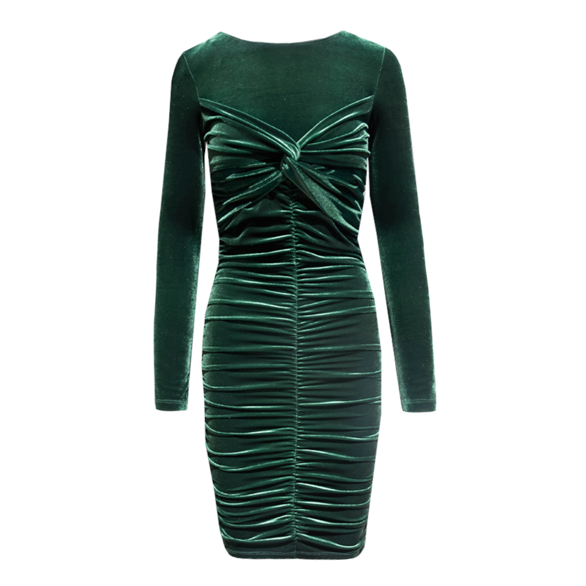 Abito corto MAGDA di Alessandra Gallo in ciniglia verde smeraldo goffrato con maniche lunghe - vista frontale - Day&Night Collection