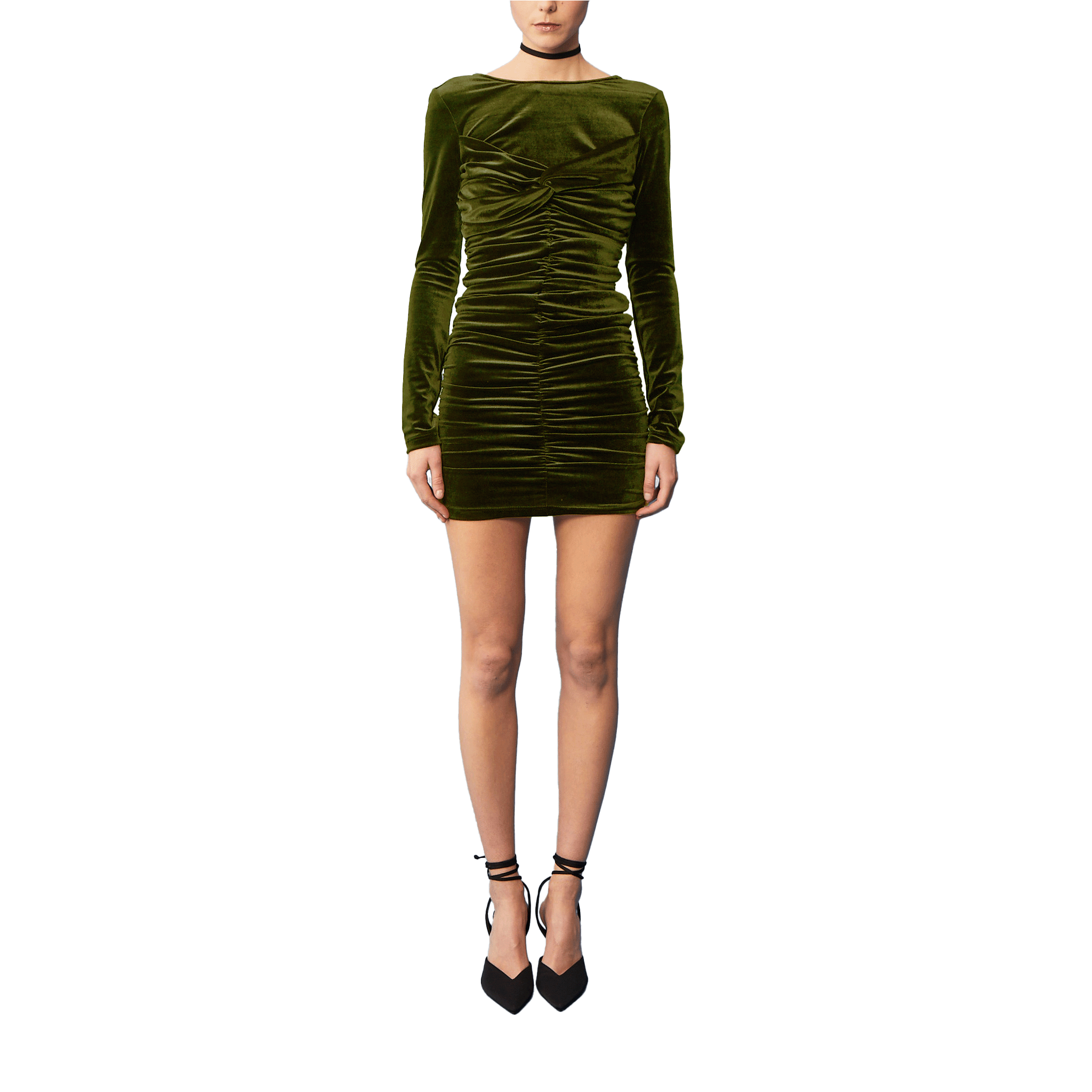 abito corto MAGDA di Alessandra Gallo in ciniglia verde militare, goffrato con maniche lunghe - indossato frontale - Day&Night Collection
