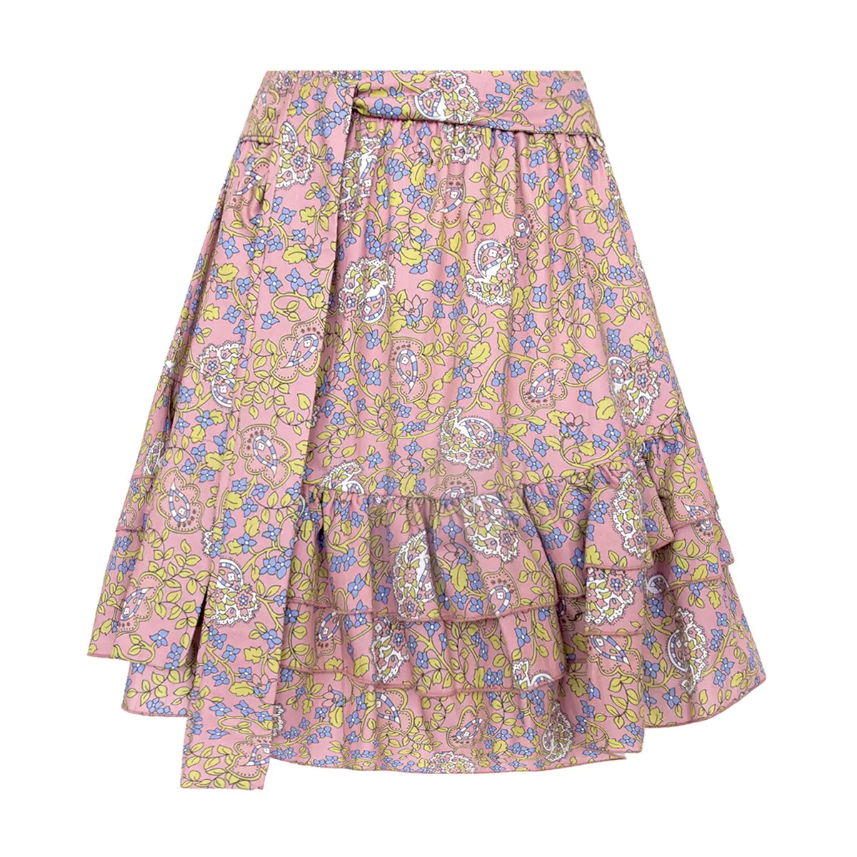  gonna corta MARGHERITA con balze, vista elasticizzata e fusciacca di Alessandra Gallo in cotone fantasia Pink Obsession - The Obsession Collection - Made in Italy - vista frontale