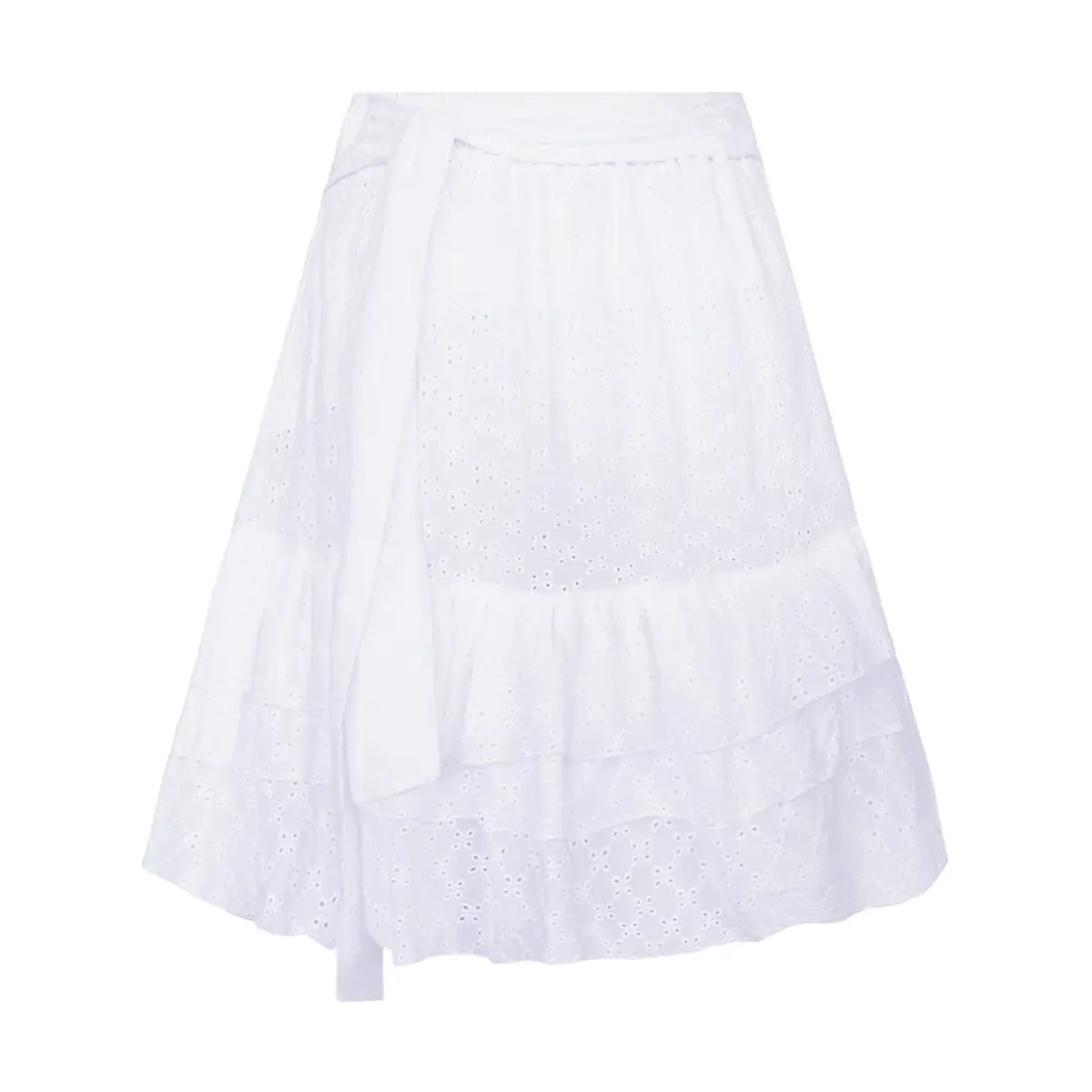  gonna corta MARGHERITA con balze, vista elasticizzata e fusciacca di Alessandra Gallo in cotone Sangallo - Broderie Collection - Made in Italy - vista frontale