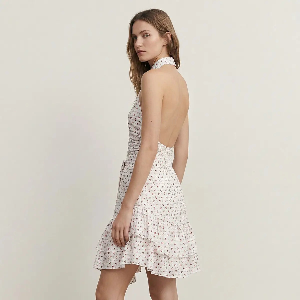  gonna corta MARGHERITA con balze, vista elasticizzata e fusciacca di Alessandra Gallo in cotone fantasia sigurta - Printemps Collection - Made in Italy - indossato frontale