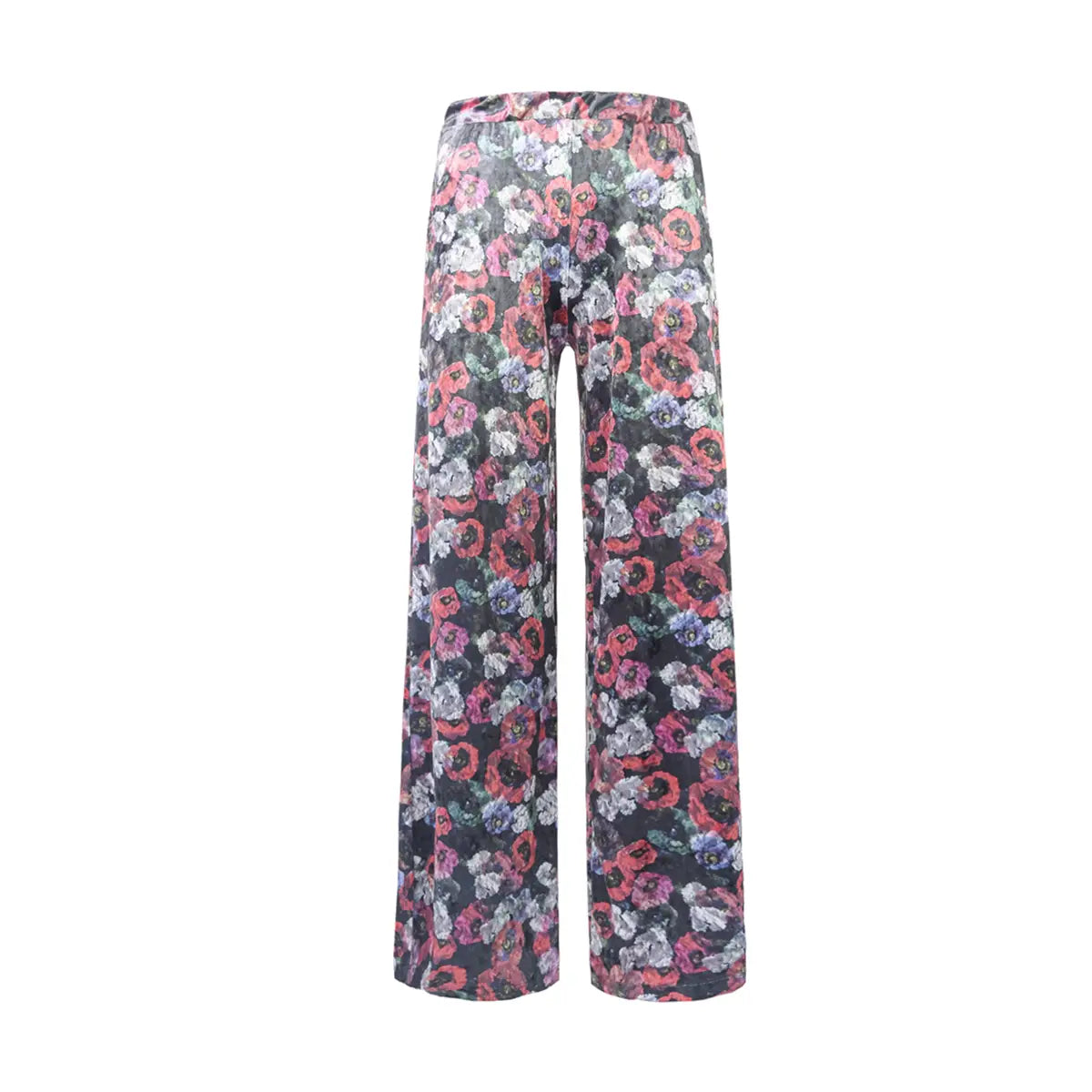 Pantalone palazzo MAXIE di Alessandra Gallo in ciniglia martellata stampa floreale  con vita elastica e tasche laterali - vista frontale - Day&Night Collection