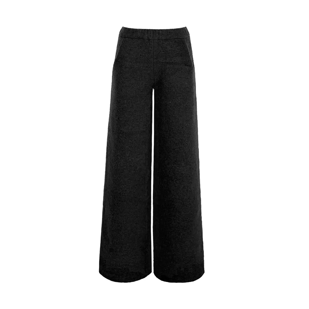 pantalone palazzo MAXIE di Alessandra Gallo in lana cotta nero con vita elasticizzata e tasche laterali - vista frontale - The Wool Collection