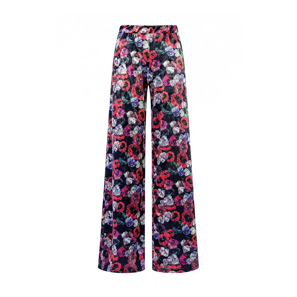 MAXIE, pantalone palazzo in ciniglia martellata stampa floreale.
