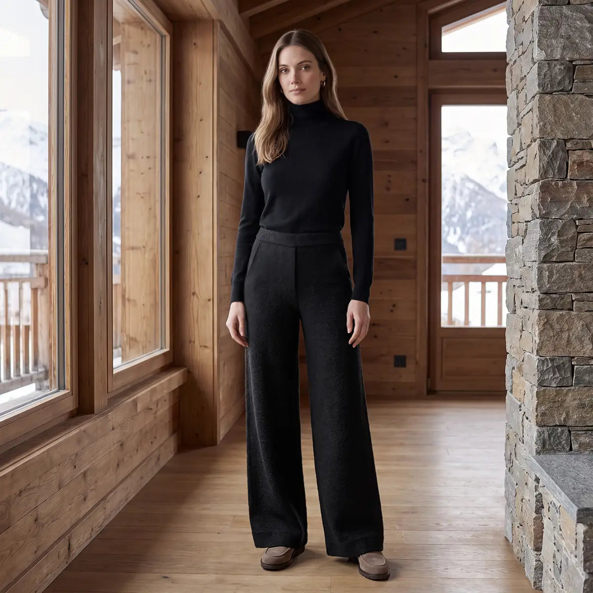 MAXIE, pantalone palazzo in lana cotta nera, su modella.