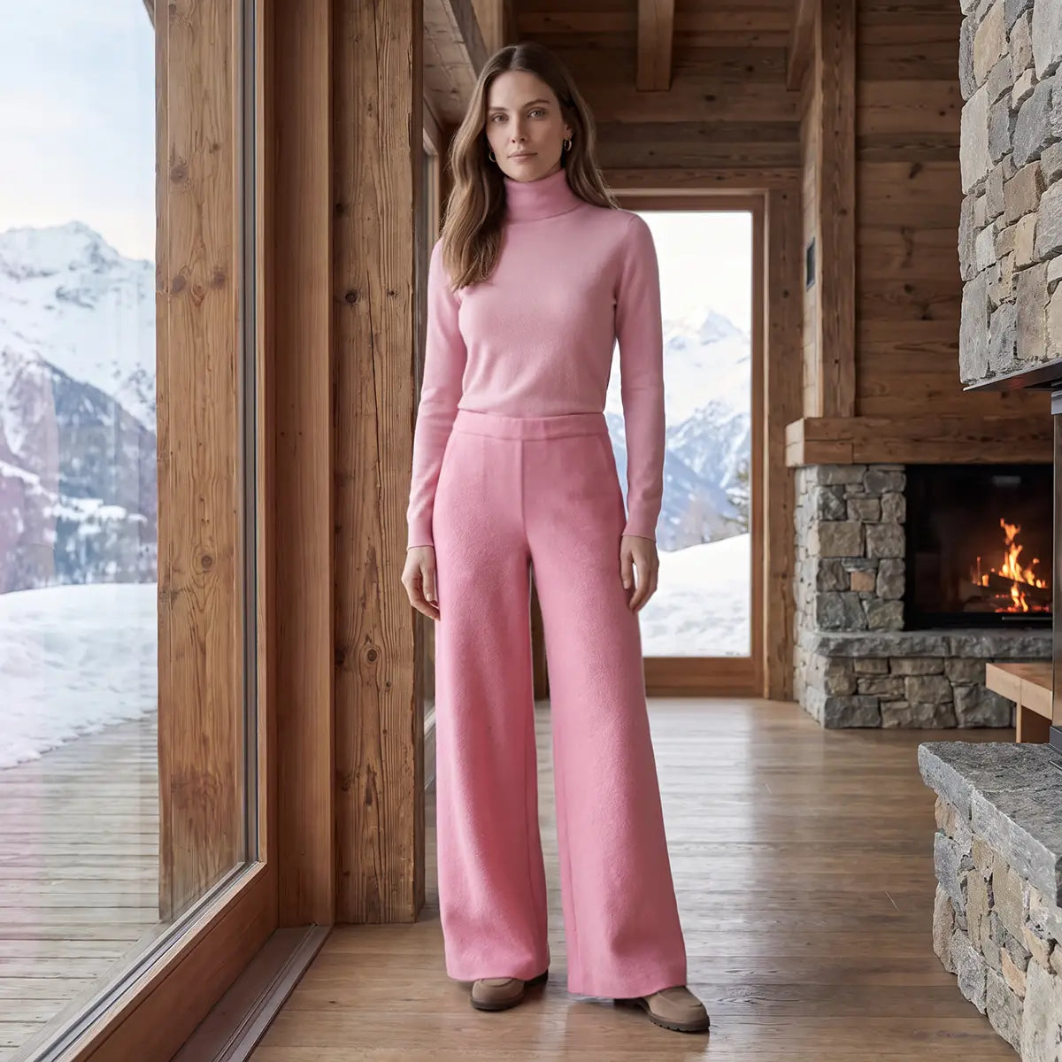 MAXIE, pantalone palazzo in lana cotta rosa, su modella.