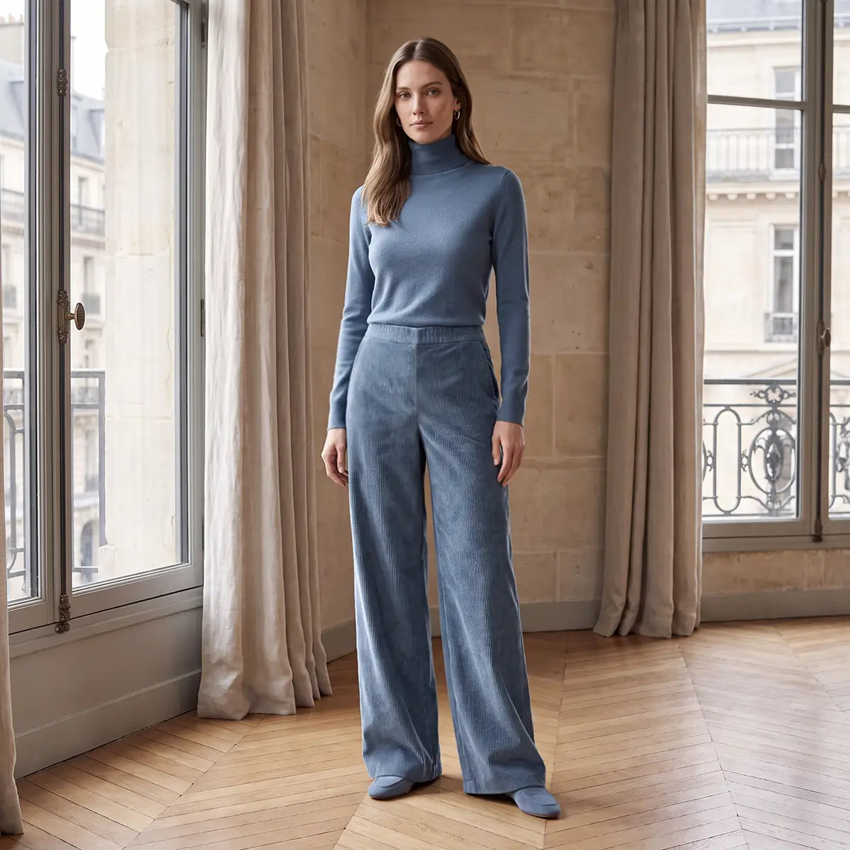 MAXIE, pantalone palazzo in velluto a coste azzurro, su modella.