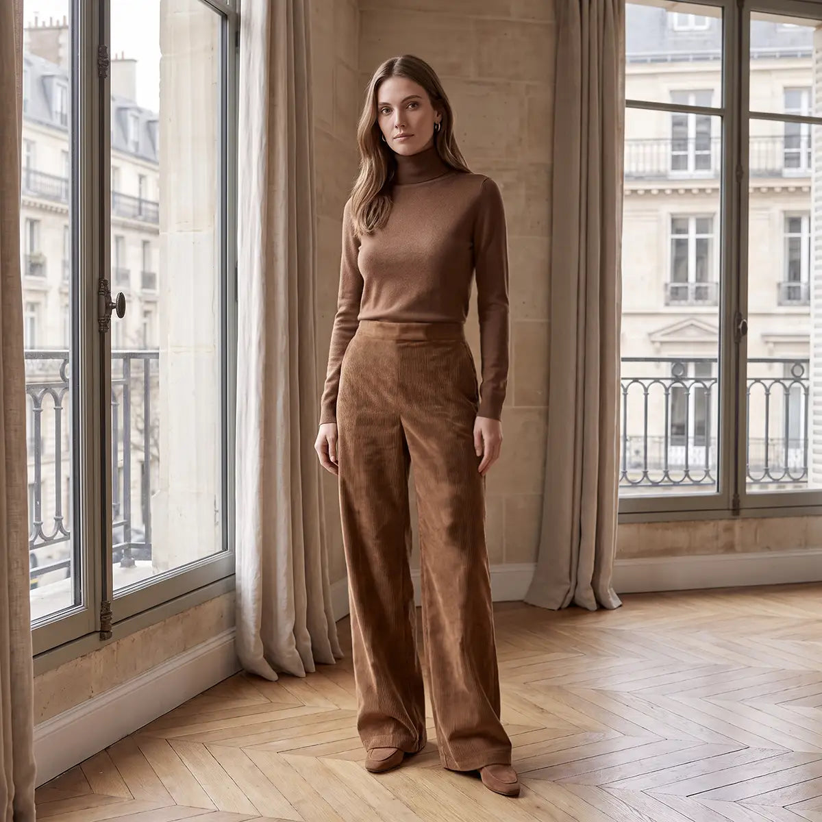 MAXIE, pantalone palazzo in velluto a coste beige, su modella.